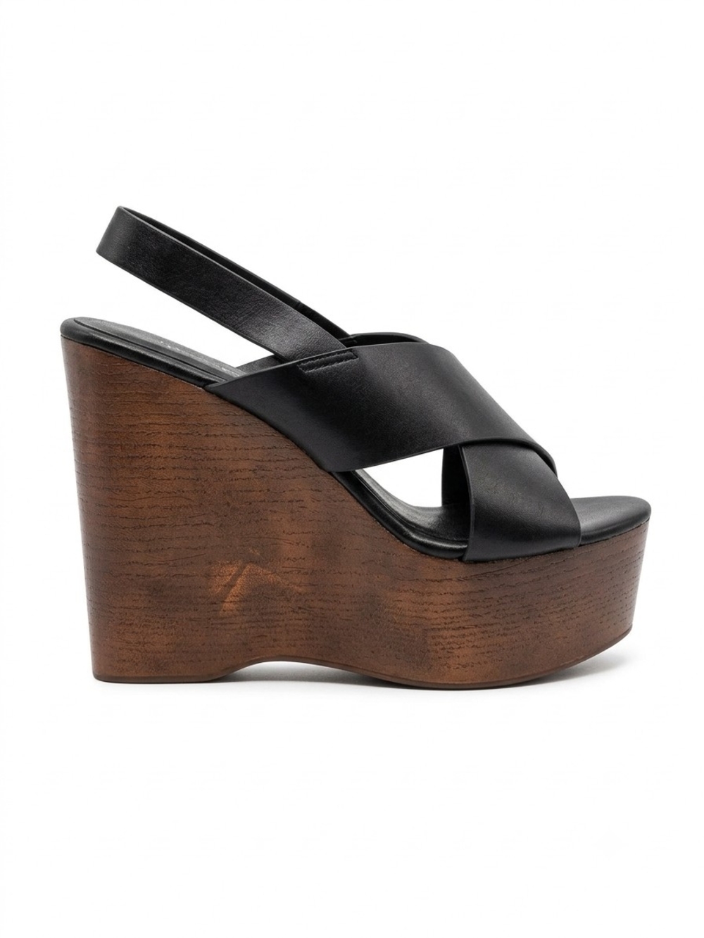 JustFab Black Leather Crisscross Slingback Wedges with Wood-Look Platform